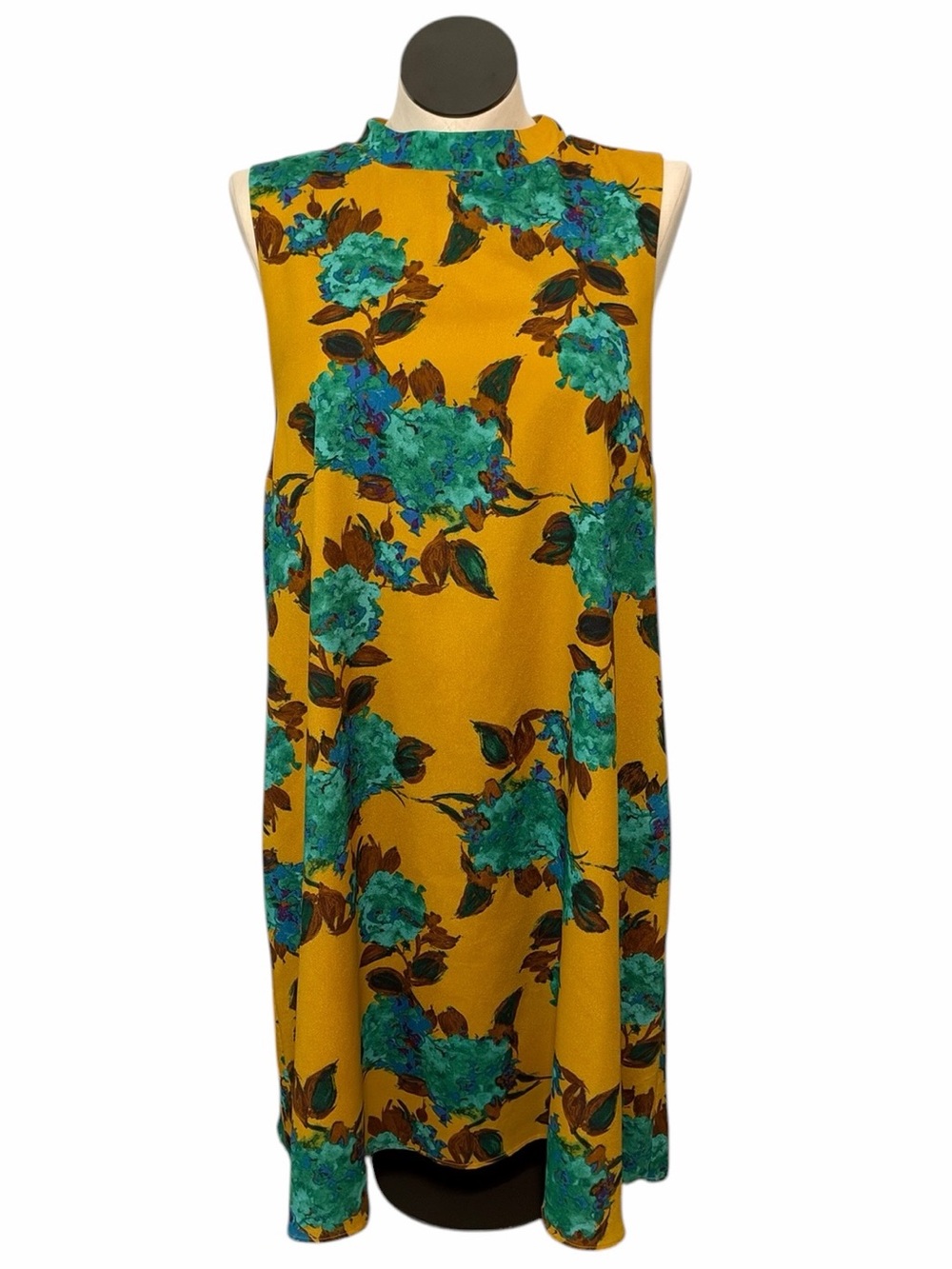 The Limited Mustard Yellow Floral Shift Dress with Teal Blooms